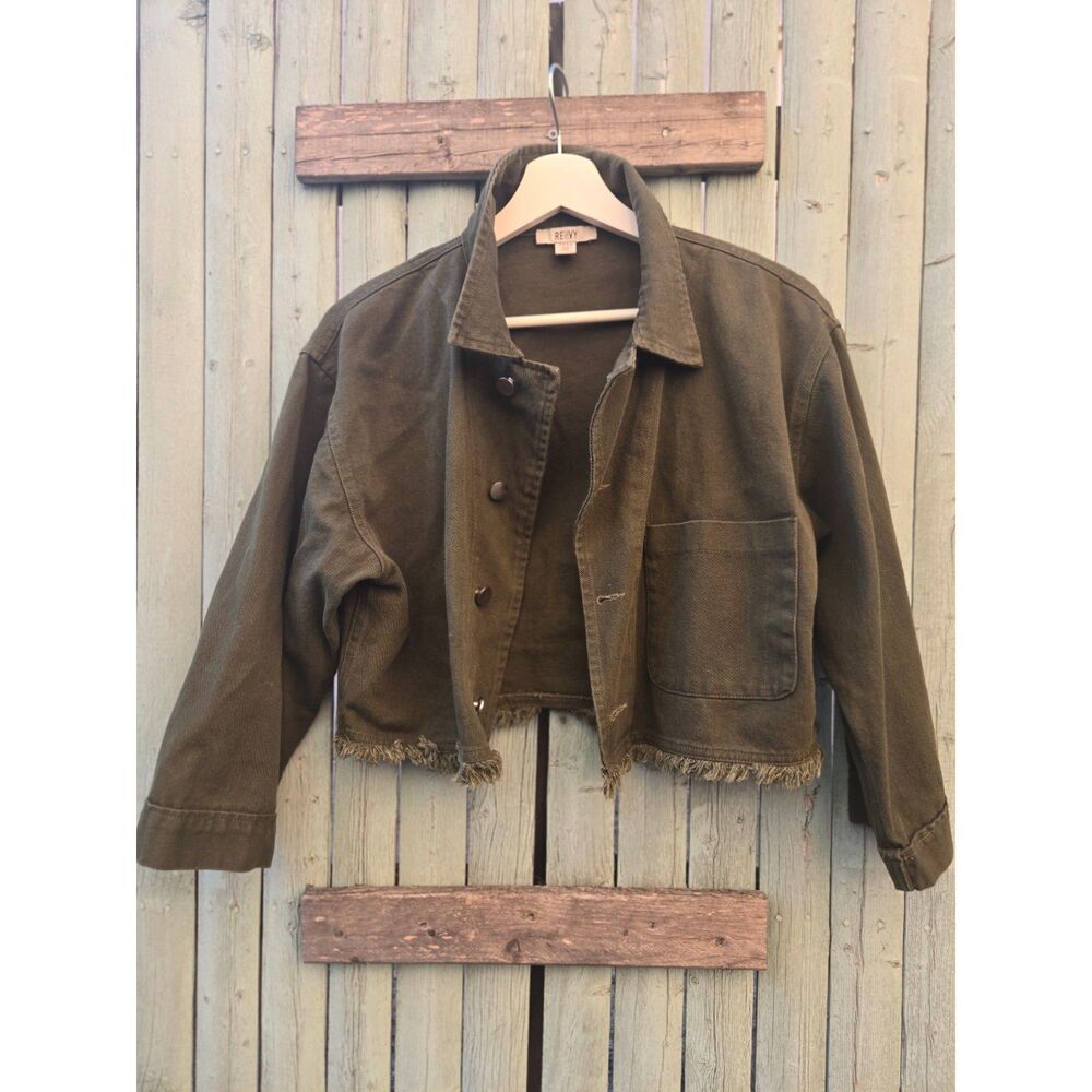 Renvy Olive Green Cropped Utility Jacket Raw Edge Casual - Small